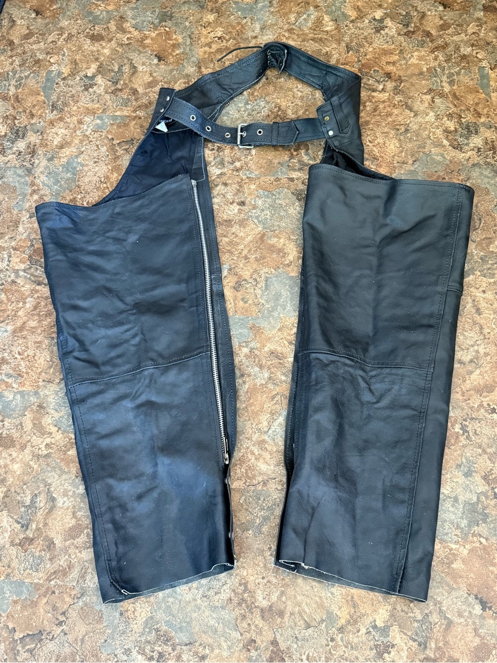 Jafrum Black Leather Motorcycle Chaps with Zip and Buckle Men's XL READ